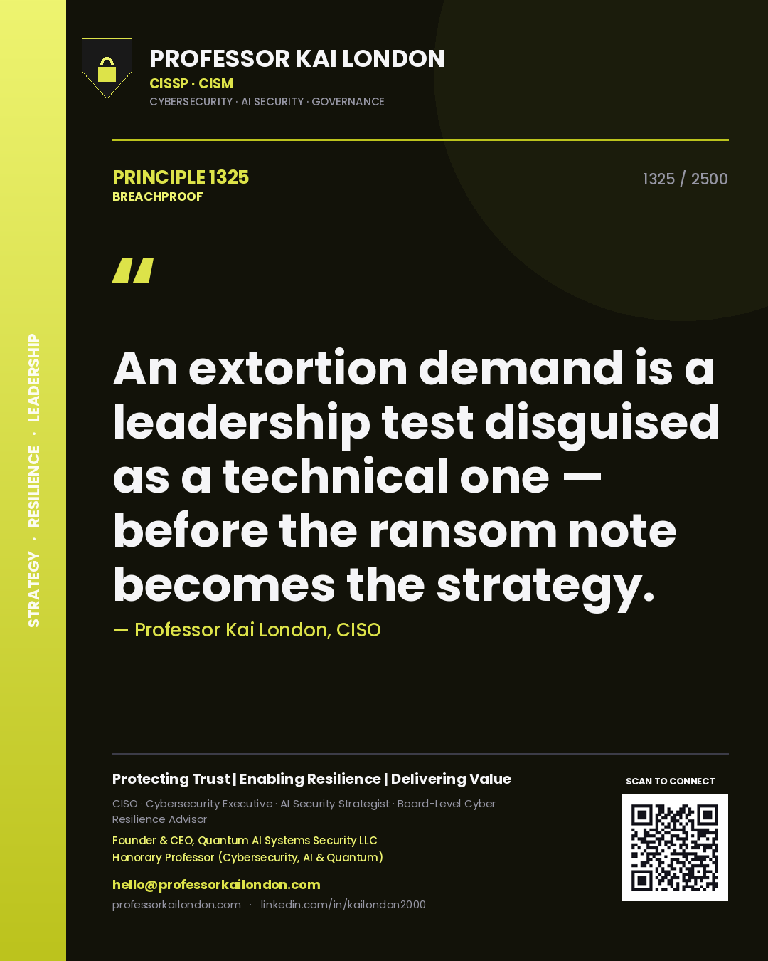 Professor Kai London principle 1325: An extortion demand is a leadership test disguised as a technical one — before the ransom note becomes the strategy.