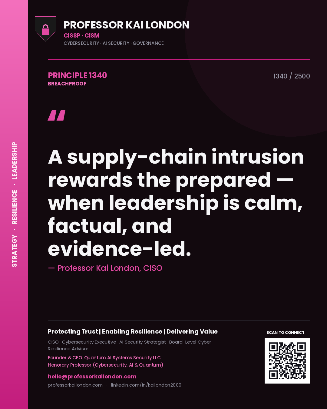 Professor Kai London principle 1340: A supply-chain intrusion rewards the prepared — when leadership is calm, factual, and evidence-led.