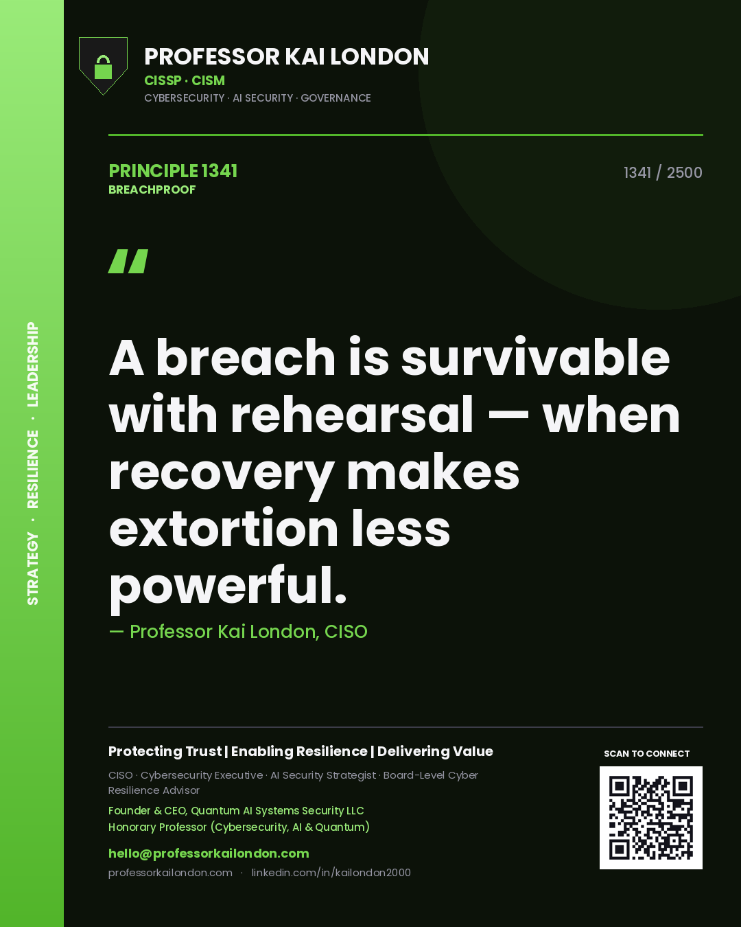 Professor Kai London principle 1341: A breach is survivable with rehearsal — when recovery makes extortion less powerful.