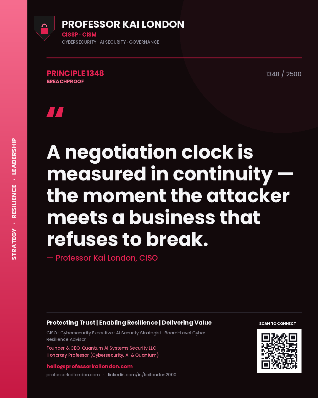 Quote card by Professor Kai London reading 'A negotiation clock is measured in continuity — the moment the attacker meets a business that refuses to break.'. From the book Breachproof.