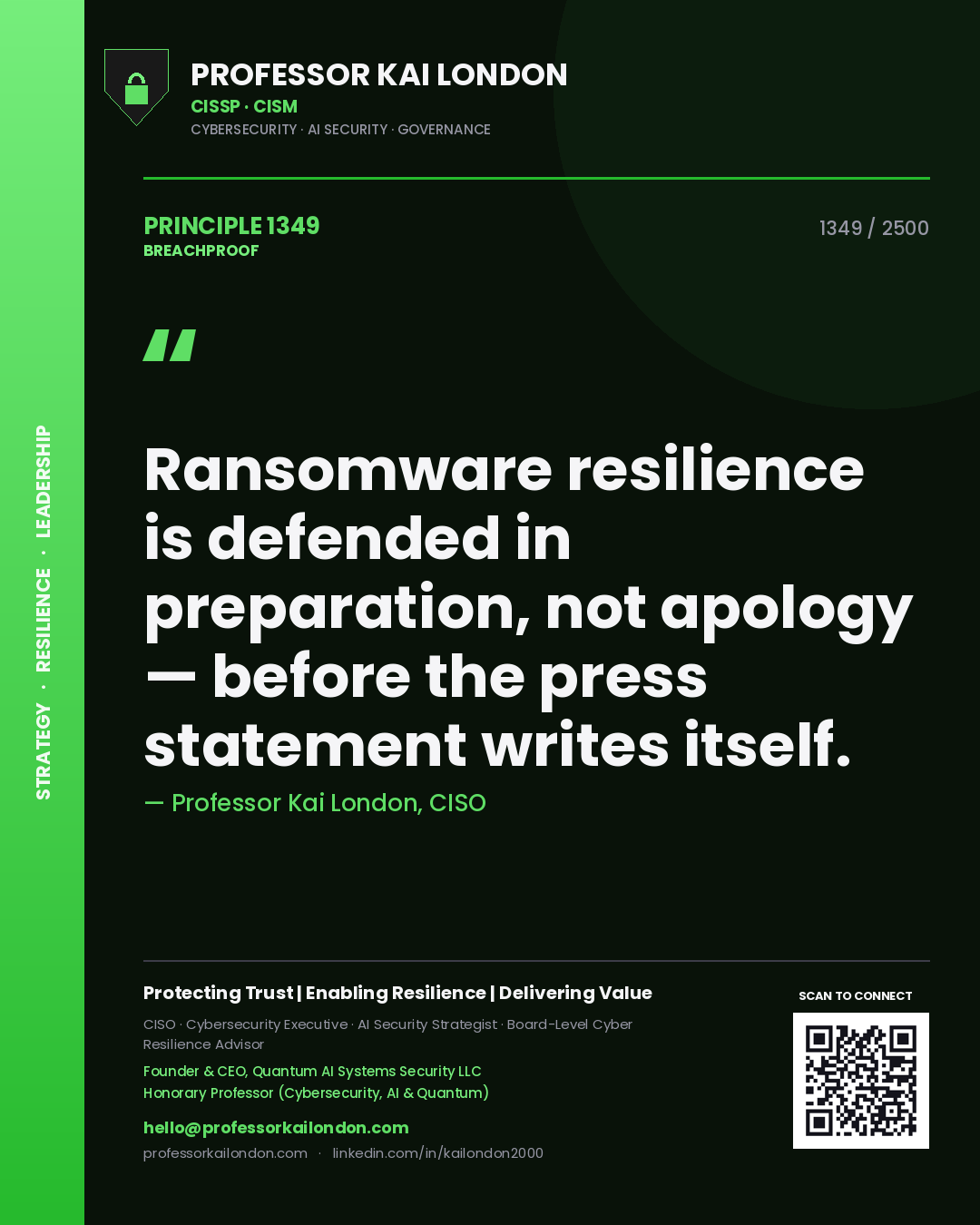 Professor Kai London principle 1349: Ransomware resilience is defended in preparation, not apology — before the press statement writes itself.
