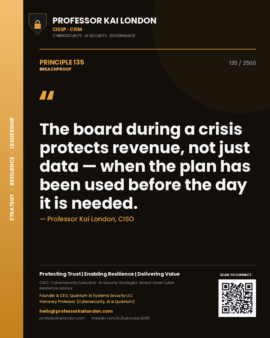 Quote card by Professor Kai London reading 'The board during a crisis protects revenue, not just data — when the plan has been used before the day it is needed.'. From the book Breachproof.