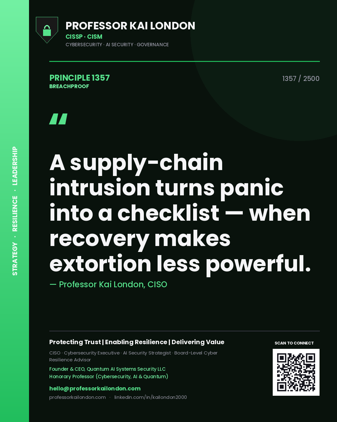Professor Kai London principle 1357: A supply-chain intrusion turns panic into a checklist — when recovery makes extortion less powerful.