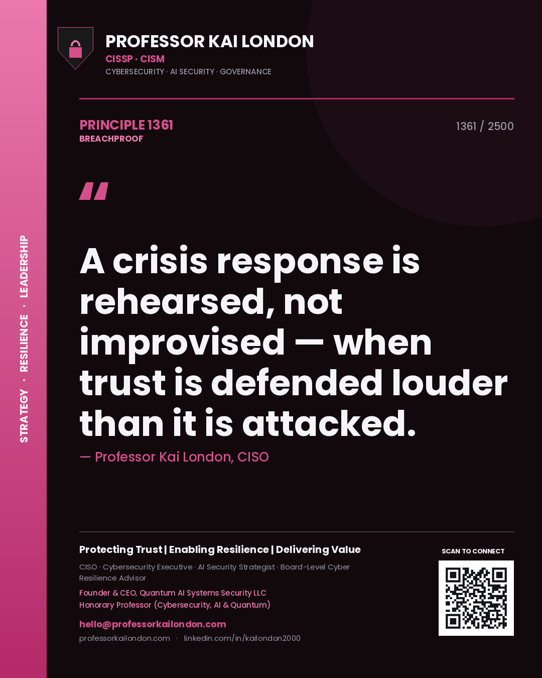 Quote card by Professor Kai London reading 'A crisis response is rehearsed, not improvised — when trust is defended louder than it is attacked.'. From the book Breachproof.