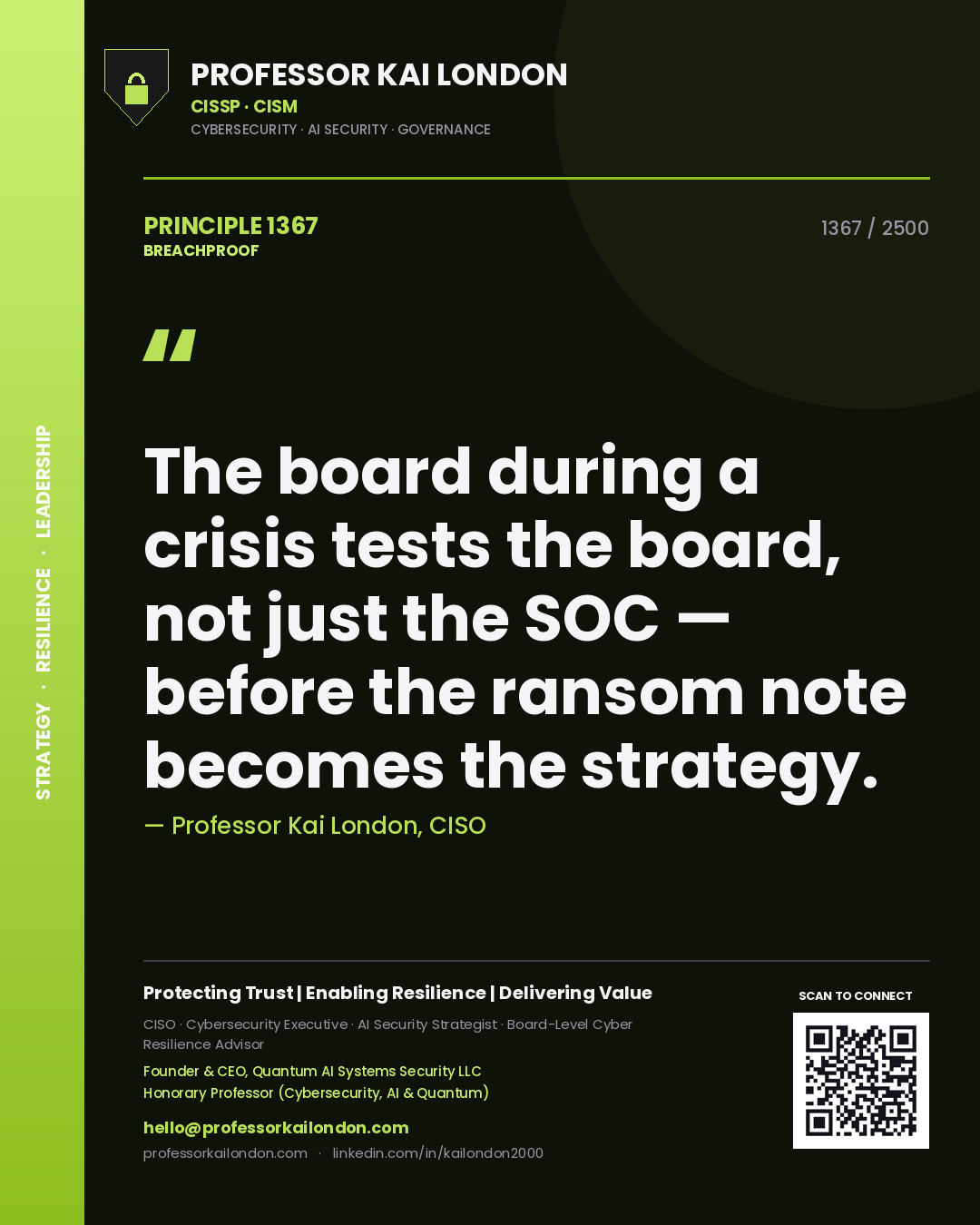 Quote card by Professor Kai London reading 'The board during a crisis tests the board, not just the SOC — before the ransom note becomes the strategy.'. From the book Breachproof.