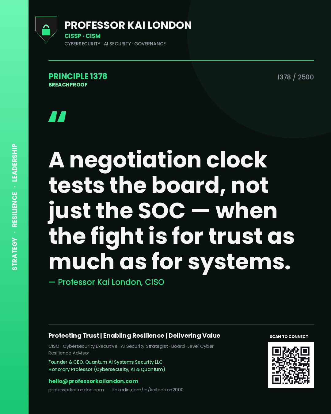 Quote card by Professor Kai London reading 'A negotiation clock tests the board, not just the SOC — when the fight is for trust as much as for systems.'. From the book Breachproof.