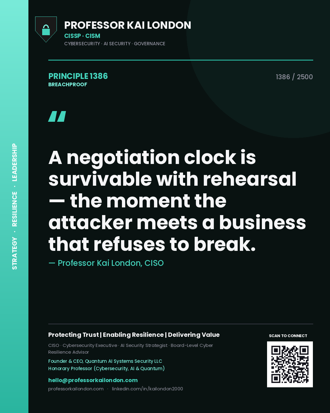 Quote card by Professor Kai London reading 'A negotiation clock is survivable with rehearsal — the moment the attacker meets a business that refuses to break.'. From the book Breachproof.