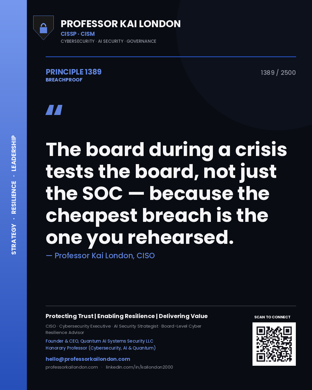 Professor Kai London principle 1389: The board during a crisis tests the board, not just the SOC — because the cheapest breach is the one you rehearsed.
