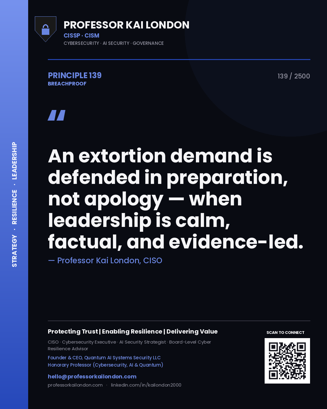 Professor Kai London principle 139: An extortion demand is defended in preparation, not apology — when leadership is calm, factual, and evidence-led.