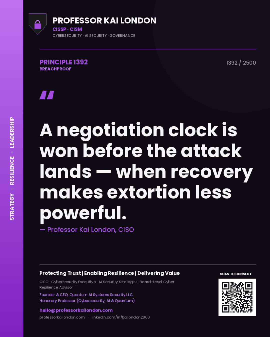 Quote card by Professor Kai London reading 'A negotiation clock is won before the attack lands — when recovery makes extortion less powerful.'. From the book Breachproof.
