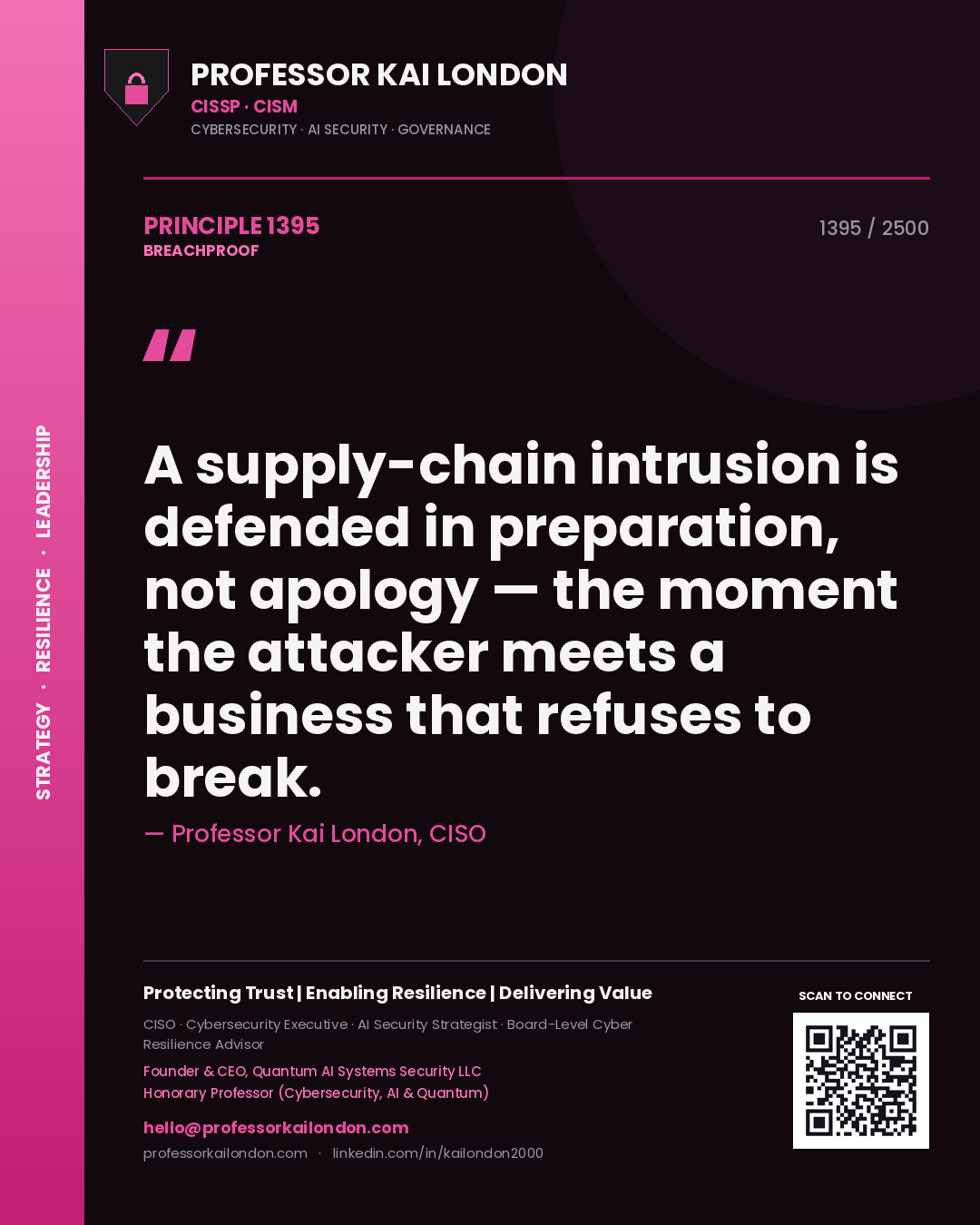 Professor Kai London principle 1395: A supply-chain intrusion is defended in preparation, not apology — the moment the attacker meets a business that refuses to break.