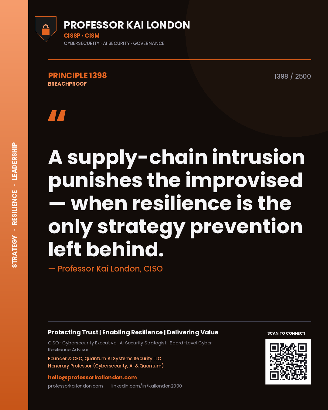 Quote card by Professor Kai London reading 'A supply-chain intrusion punishes the improvised — when resilience is the only strategy prevention left behind.'. From the book Breachproof.