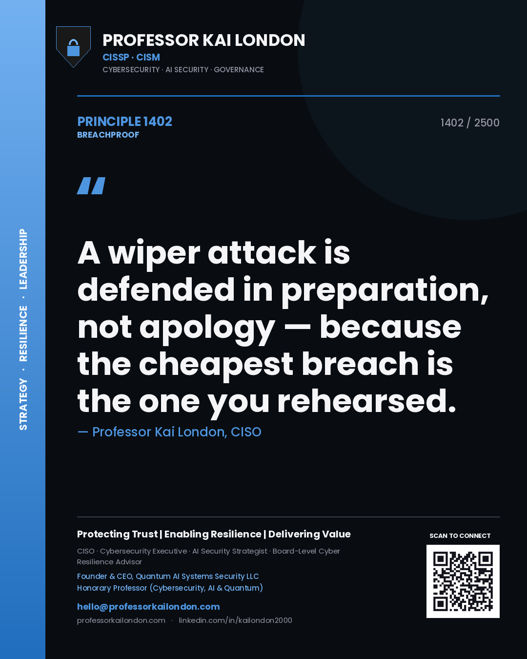 Quote card by Professor Kai London reading 'A wiper attack is defended in preparation, not apology — because the cheapest breach is the one you rehearsed.'. From the book Breachproof.