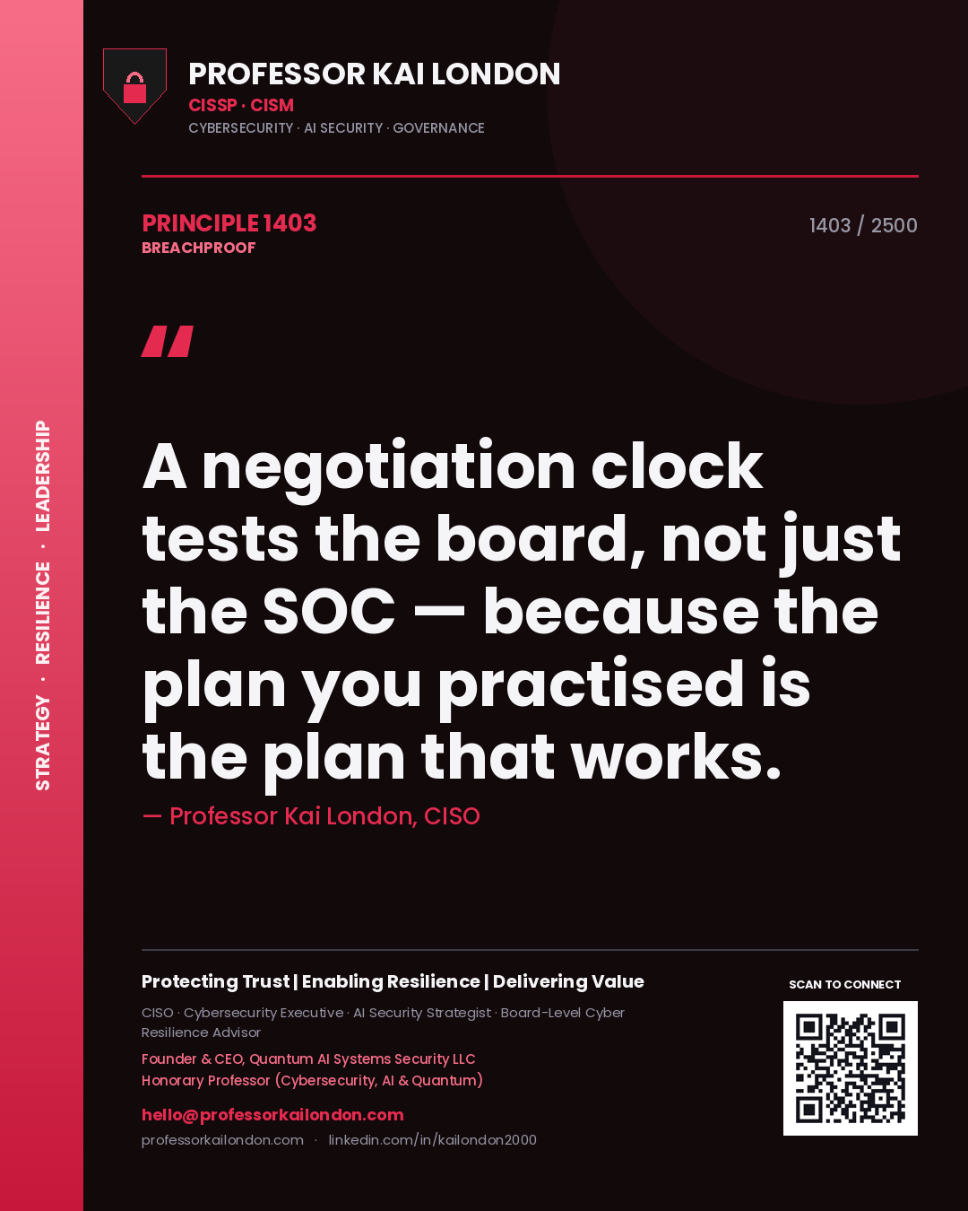 Professor Kai London principle 1403: A negotiation clock tests the board, not just the SOC — because the plan you practised is the plan that works.