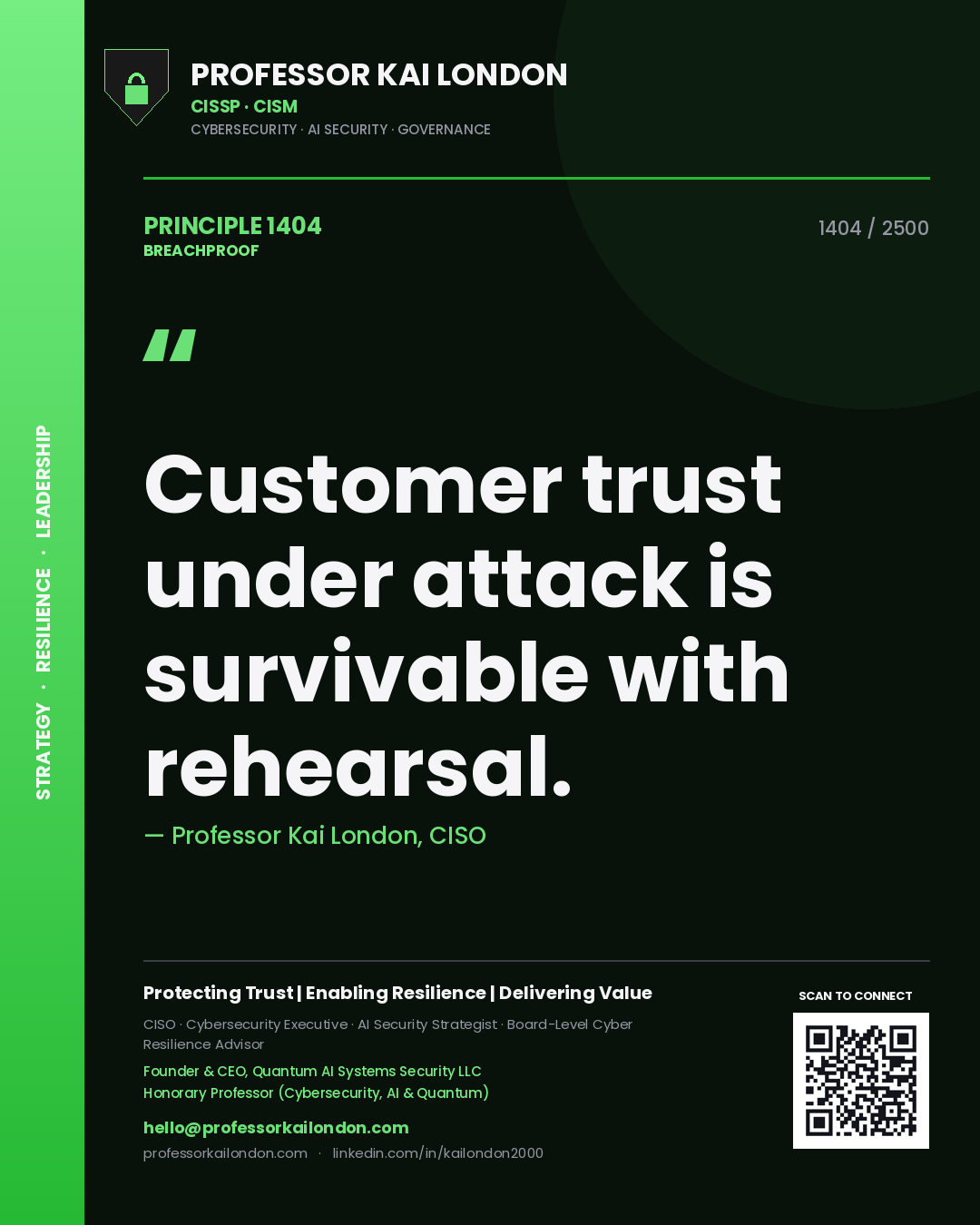 Quote card by Professor Kai London reading 'Customer trust under attack is survivable with rehearsal.'. From the book Breachproof.
