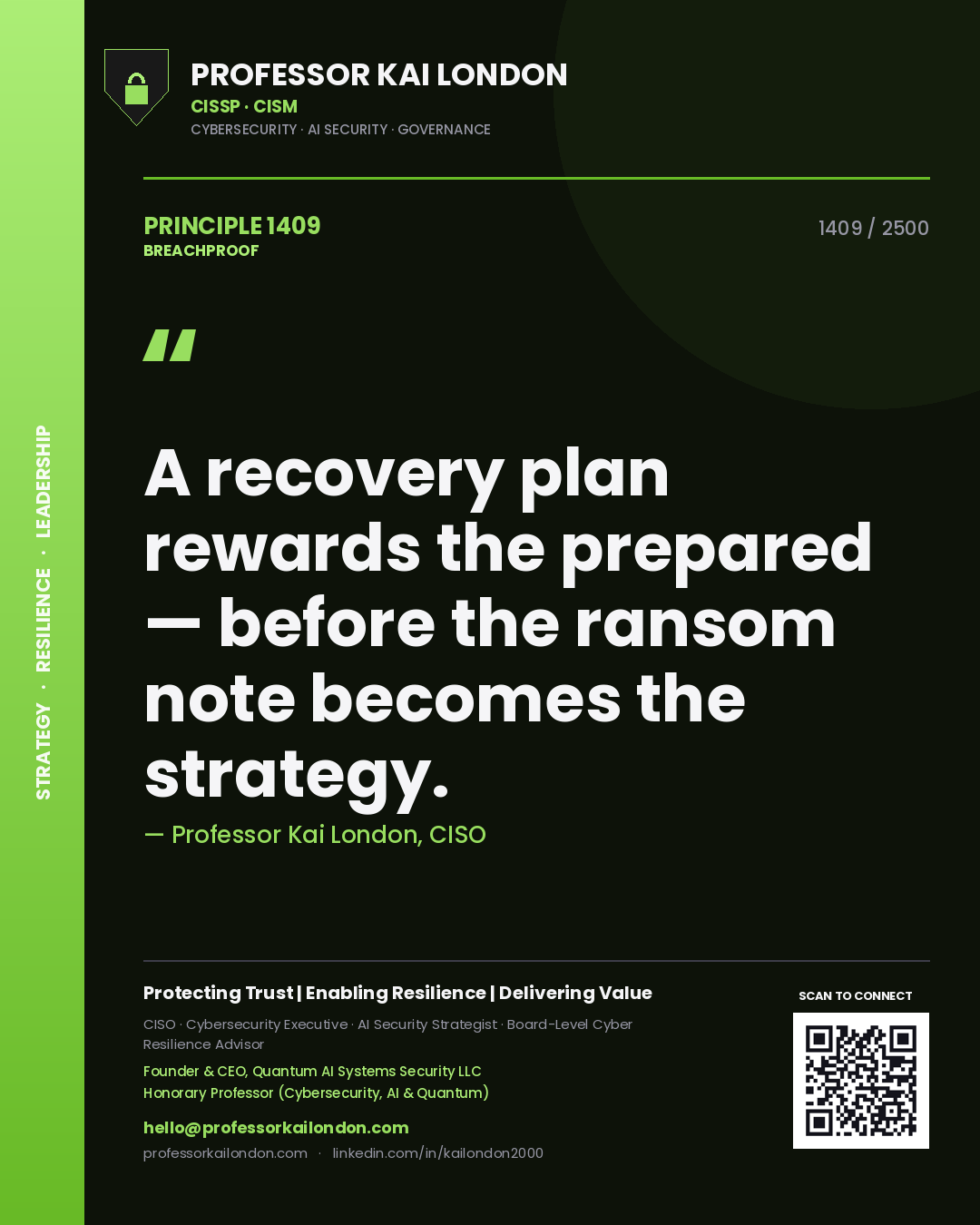 Professor Kai London principle 1409: A recovery plan rewards the prepared — before the ransom note becomes the strategy.