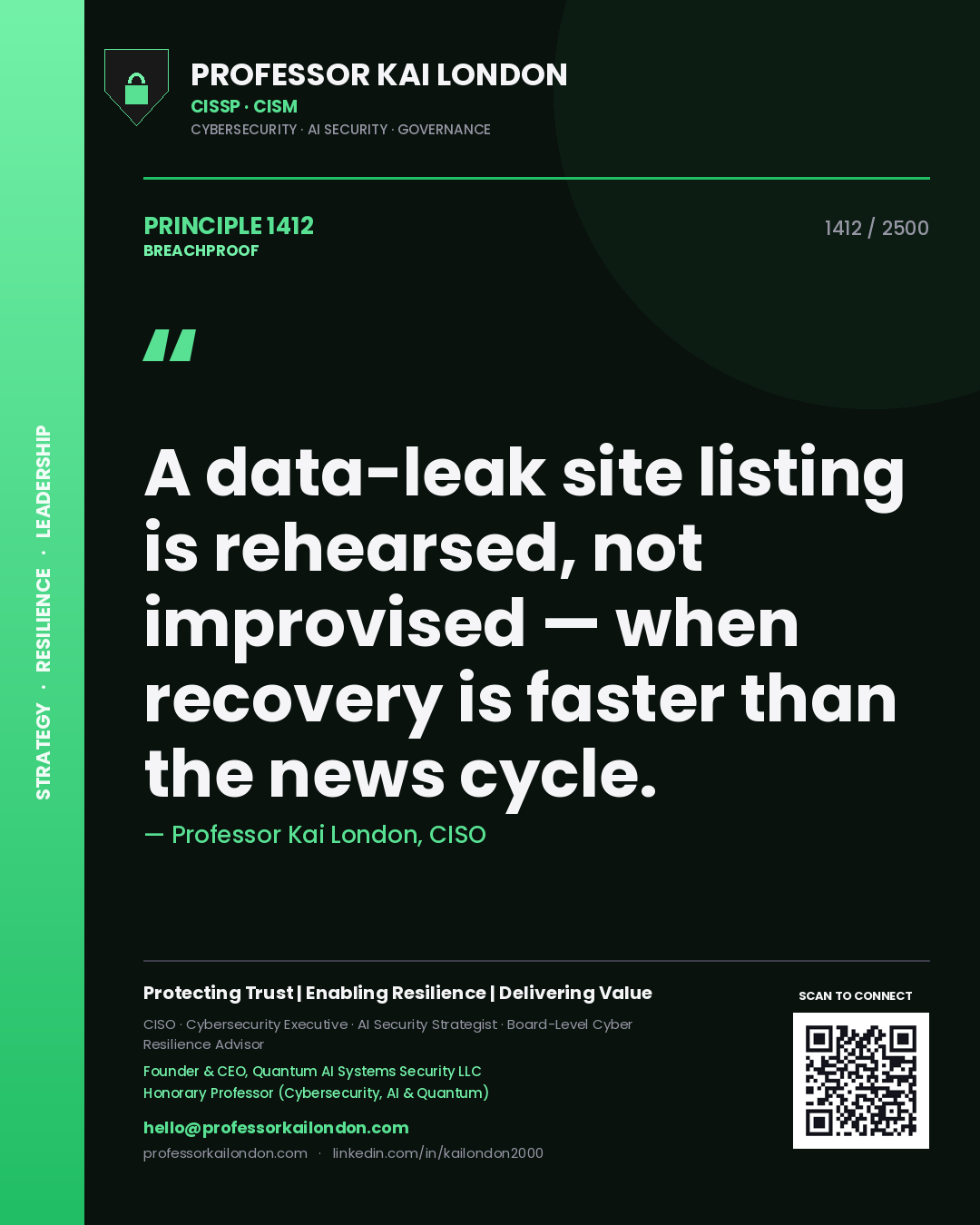 Quote card by Professor Kai London reading 'A data-leak site listing is rehearsed, not improvised — when recovery is faster than the news cycle.'. From the book Breachproof.