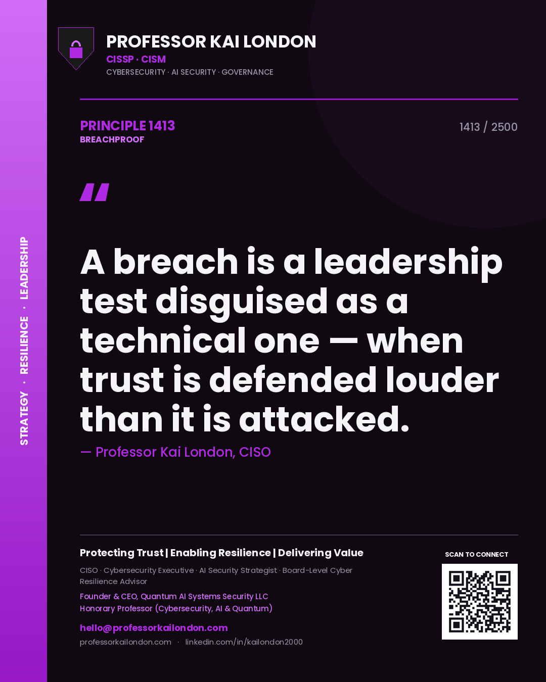 Quote card by Professor Kai London reading 'A breach is a leadership test disguised as a technical one — when trust is defended louder than it is attacked.'. From the book Breachproof.