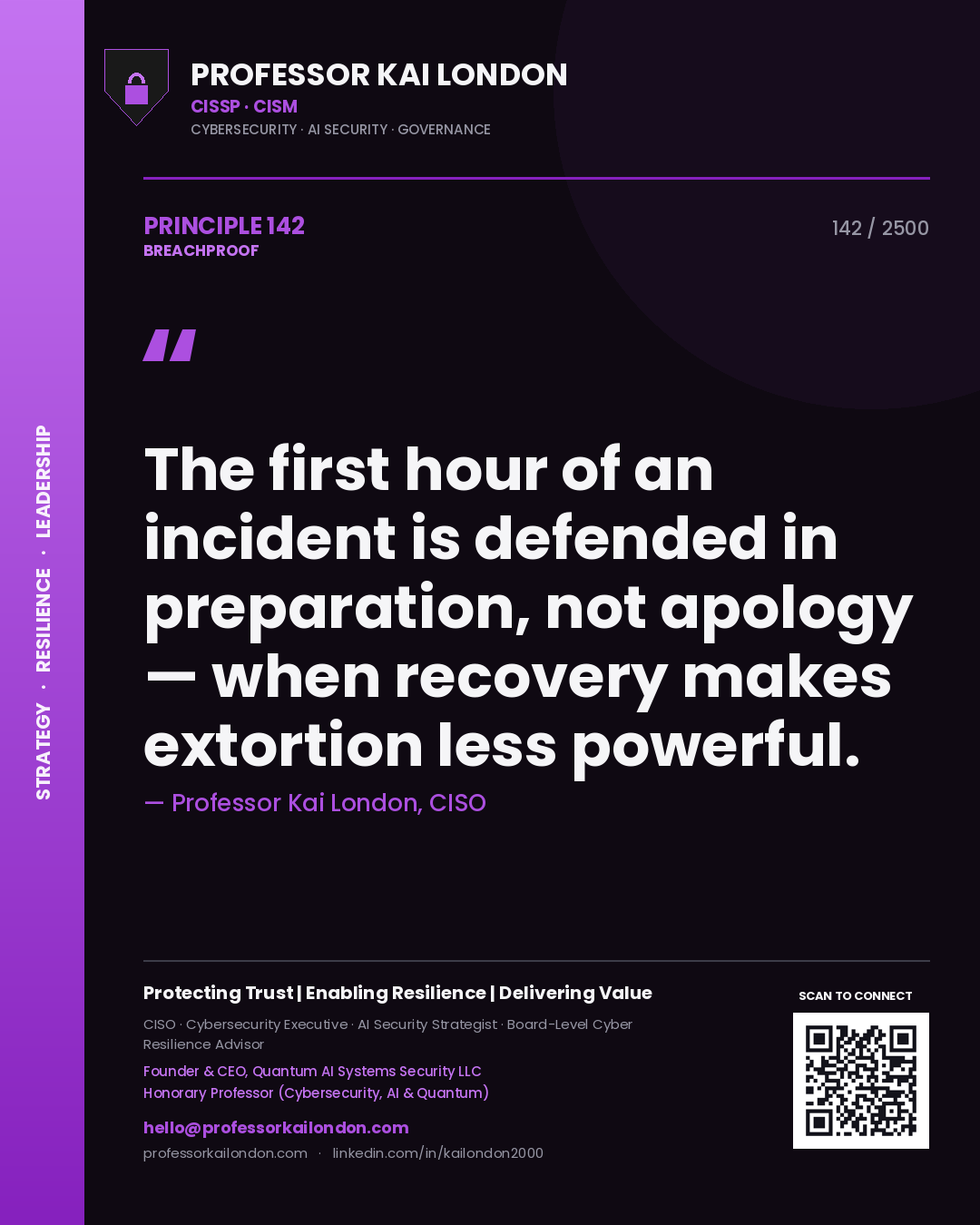 Quote card by Professor Kai London reading 'The first hour of an incident is defended in preparation, not apology — when recovery makes extortion less powerful.'. From the book Breachproof.