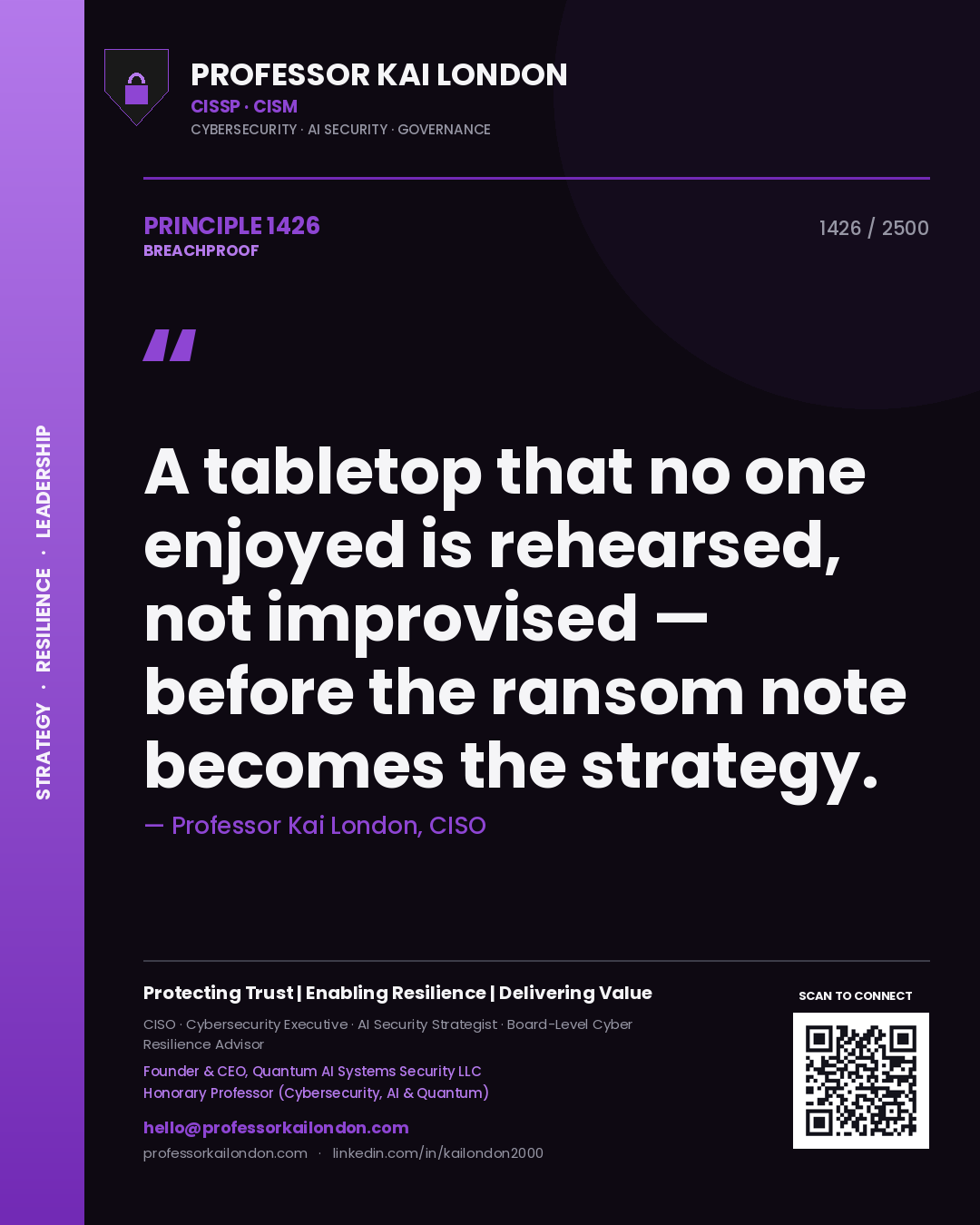 Quote card by Professor Kai London reading 'A tabletop that no one enjoyed is rehearsed, not improvised — before the ransom note becomes the strategy.'. From the book Breachproof.