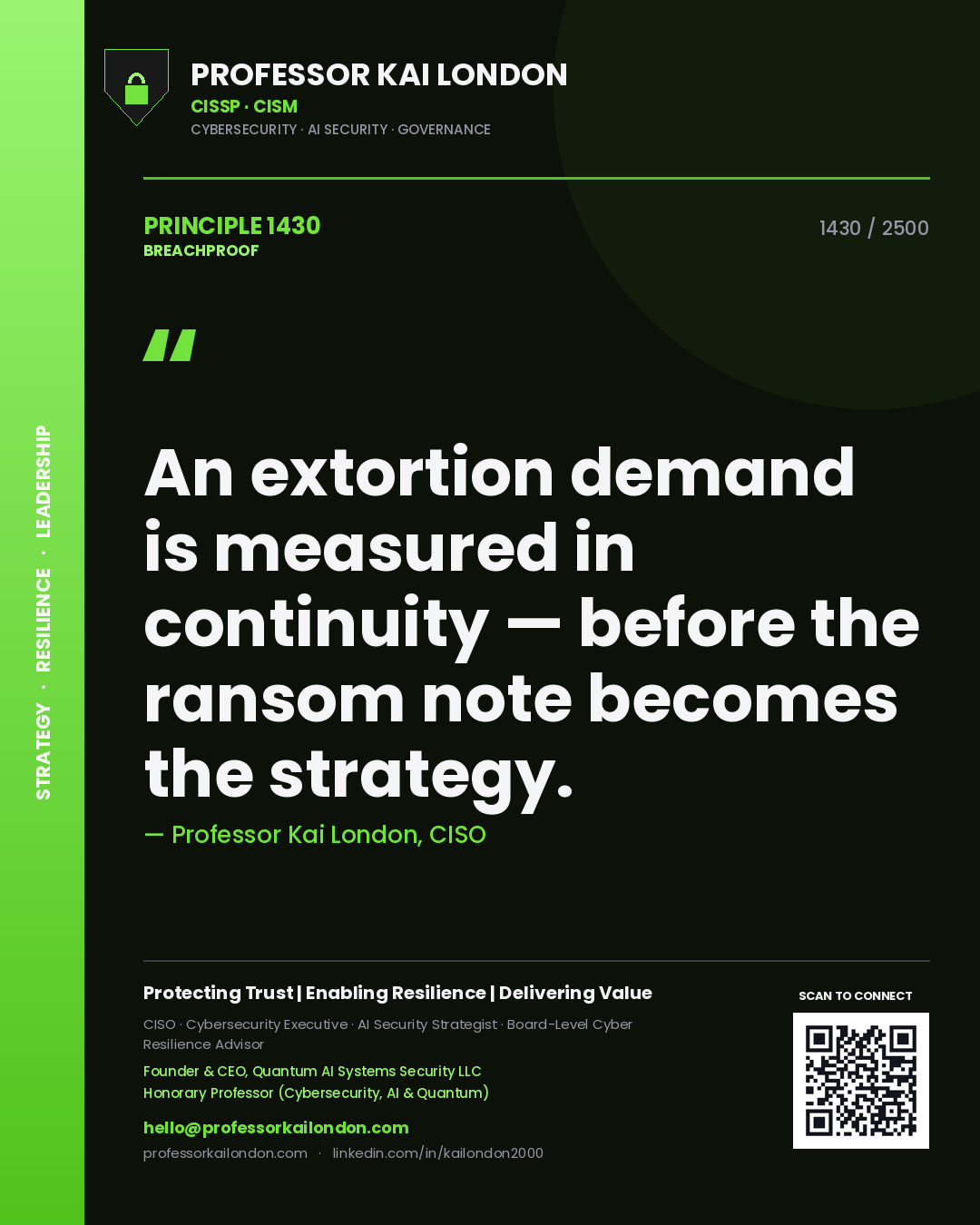 Quote card by Professor Kai London reading 'An extortion demand is measured in continuity — before the ransom note becomes the strategy.'. From the book Breachproof.