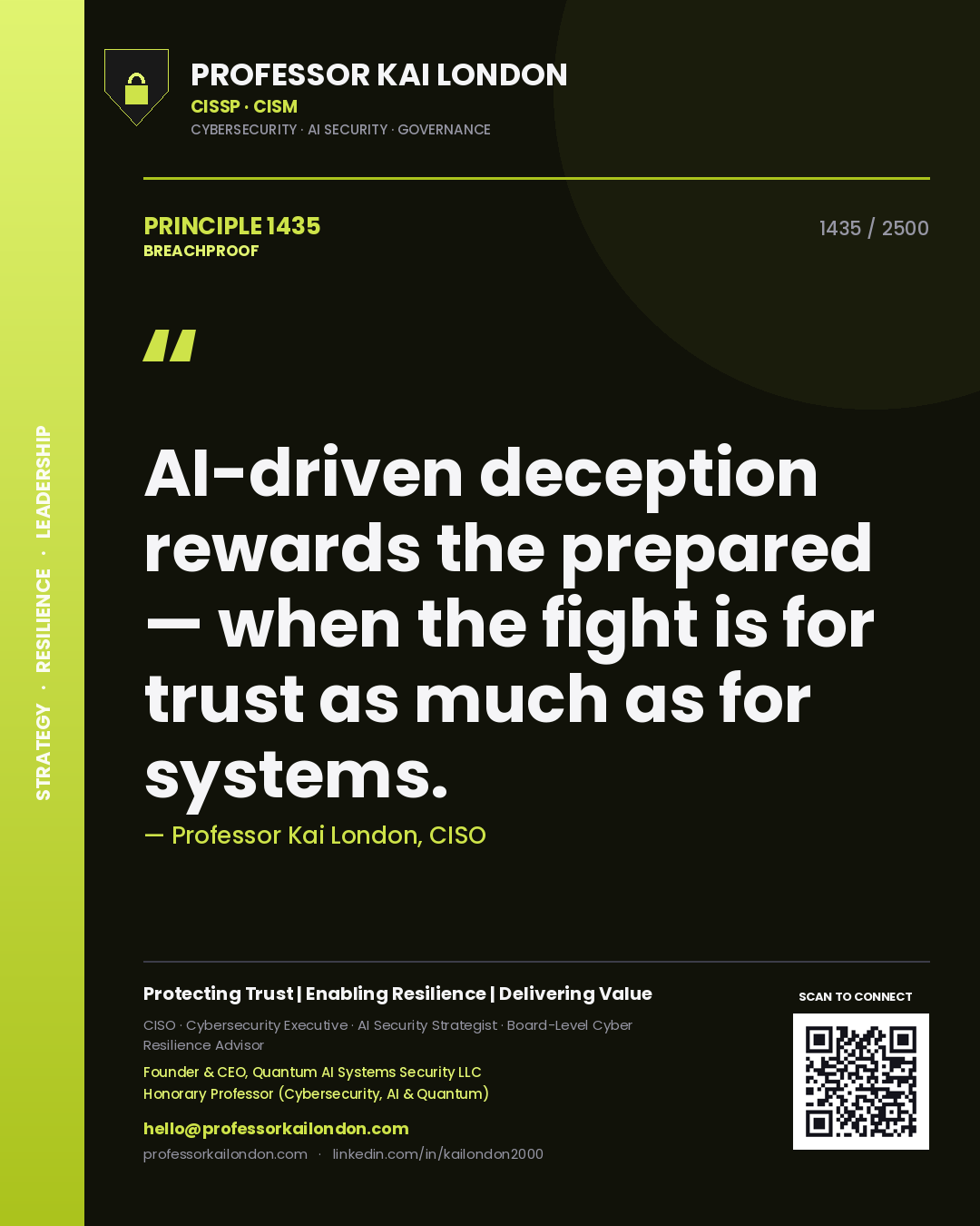 Professor Kai London principle 1435: AI-driven deception rewards the prepared — when the fight is for trust as much as for systems.