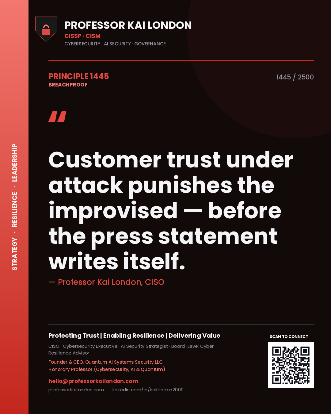 Quote card by Professor Kai London reading 'Customer trust under attack punishes the improvised — before the press statement writes itself.'. From the book Breachproof.