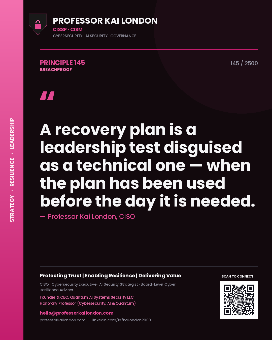 Quote card by Professor Kai London reading 'A recovery plan is a leadership test disguised as a technical one — when the plan has been used before the day it is needed.'. From the book Breachproof.