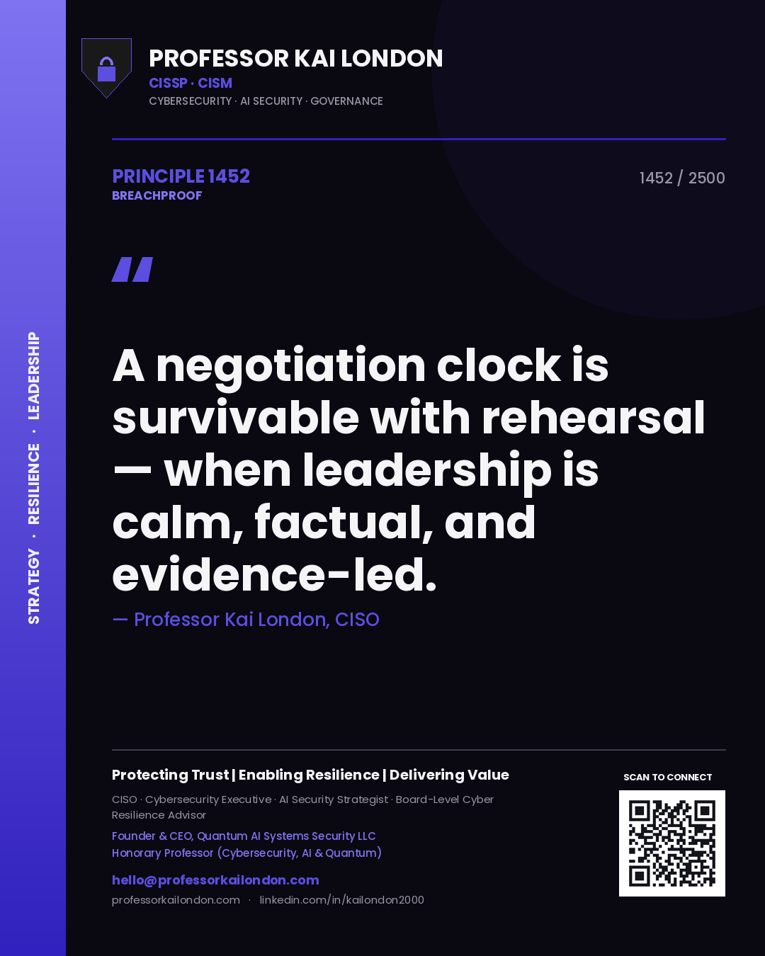 Quote card by Professor Kai London reading 'A negotiation clock is survivable with rehearsal — when leadership is calm, factual, and evidence-led.'. From the book Breachproof.