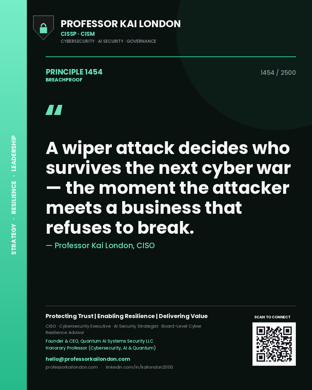 Professor Kai London principle 1454: A wiper attack decides who survives the next cyber war — the moment the attacker meets a business that refuses to break.
