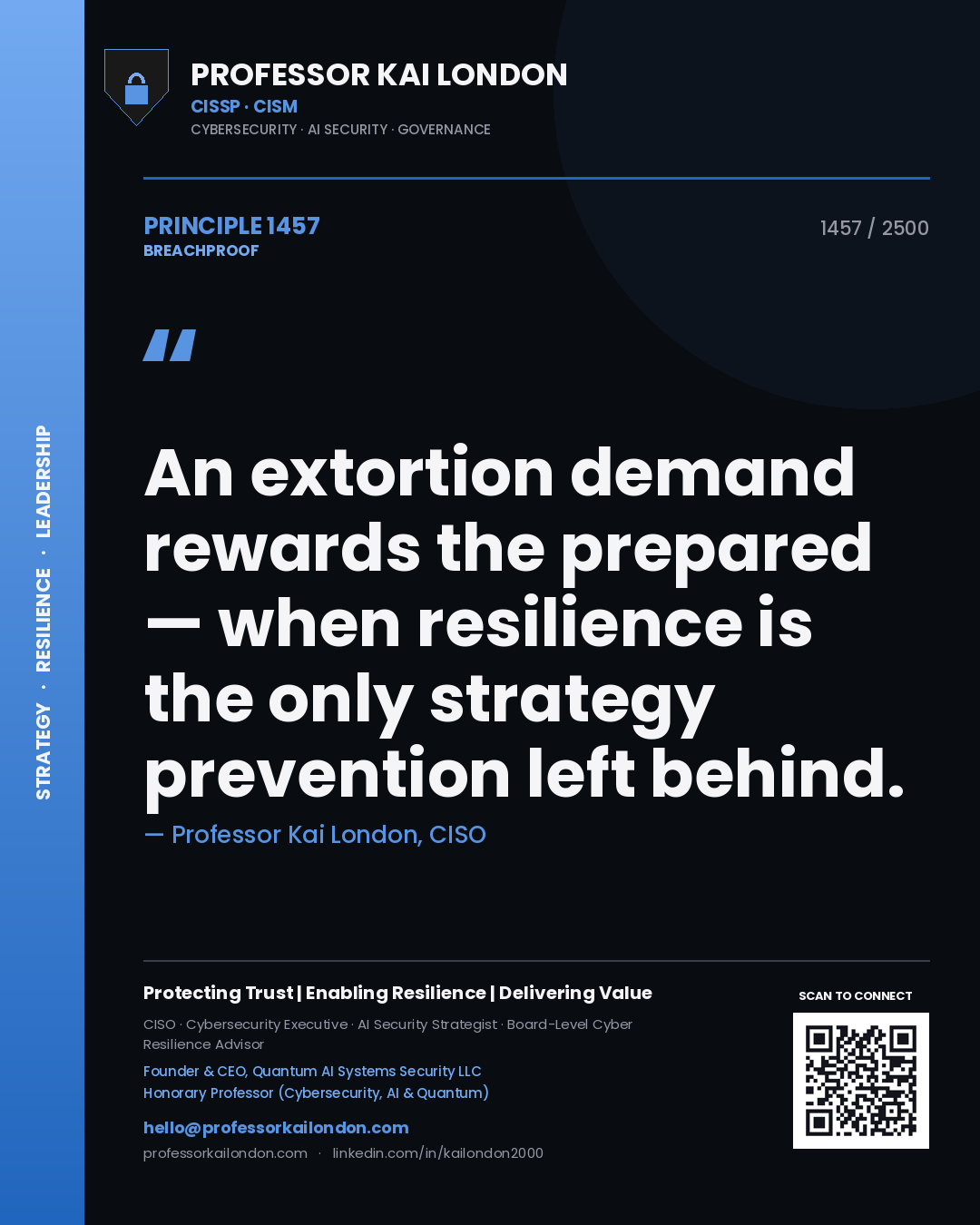 Quote card by Professor Kai London reading 'An extortion demand rewards the prepared — when resilience is the only strategy prevention left behind.'. From the book Breachproof.