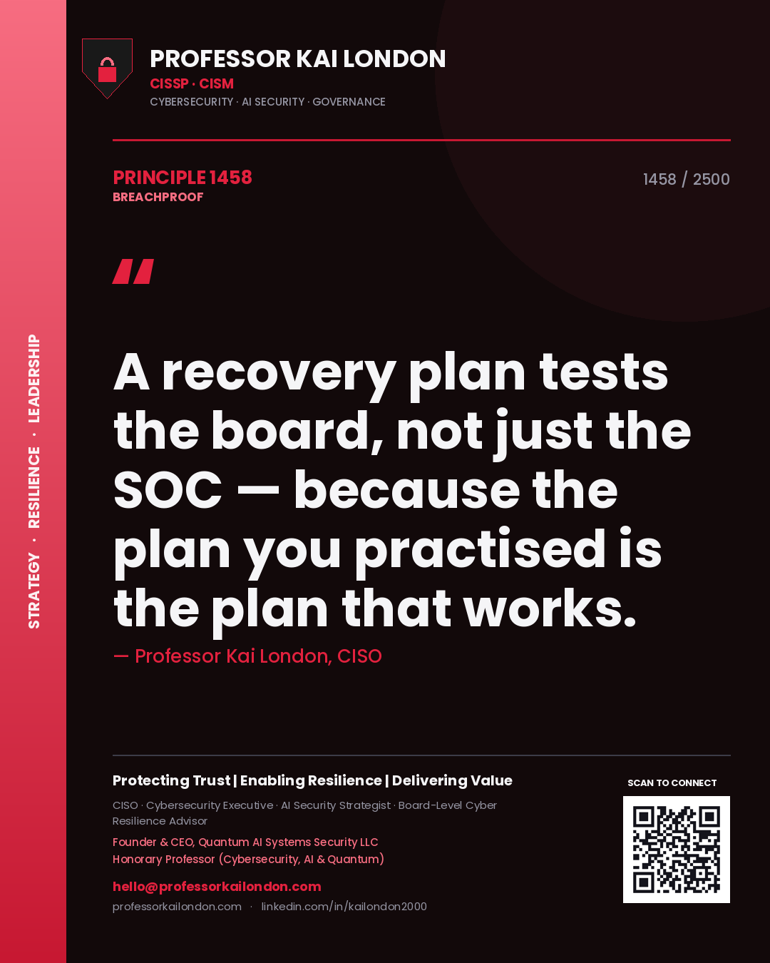 Professor Kai London principle 1458: A recovery plan tests the board, not just the SOC — because the plan you practised is the plan that works.