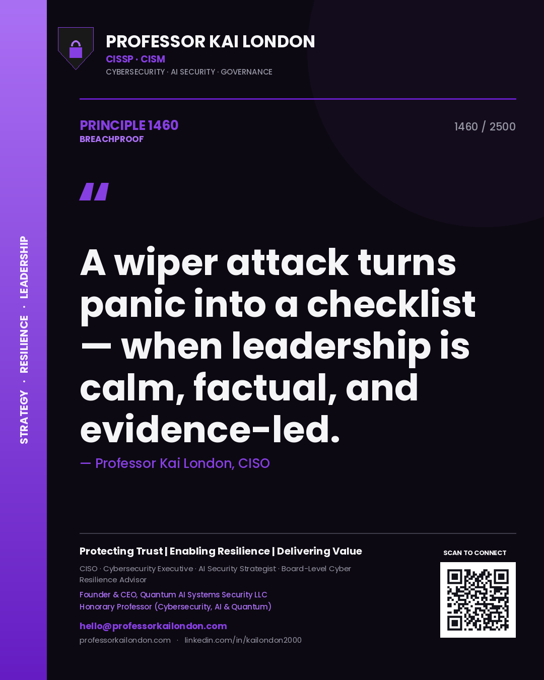 Quote card by Professor Kai London reading 'A wiper attack turns panic into a checklist — when leadership is calm, factual, and evidence-led.'. From the book Breachproof.