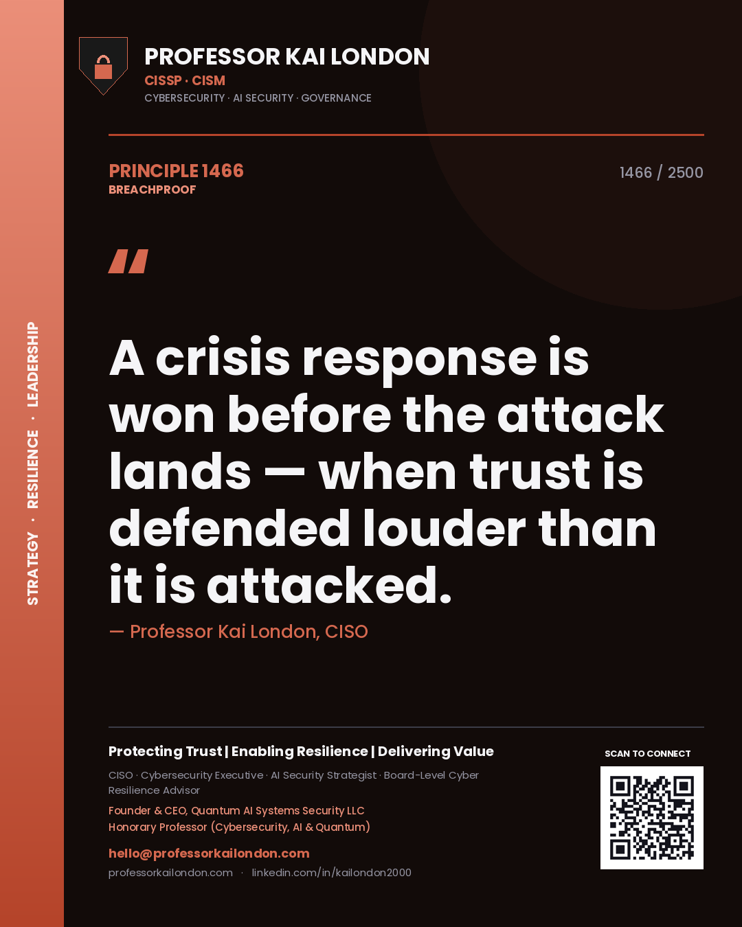 Quote card by Professor Kai London reading 'A crisis response is won before the attack lands — when trust is defended louder than it is attacked.'. From the book Breachproof.