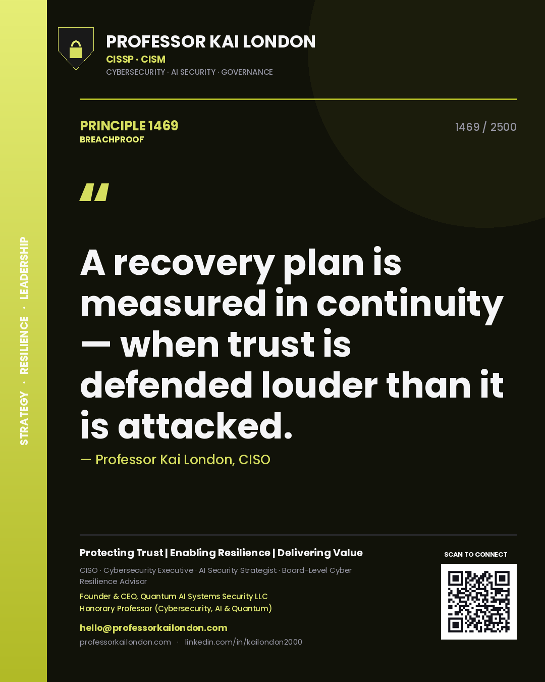 Quote card by Professor Kai London reading 'A recovery plan is measured in continuity — when trust is defended louder than it is attacked.'. From the book Breachproof.