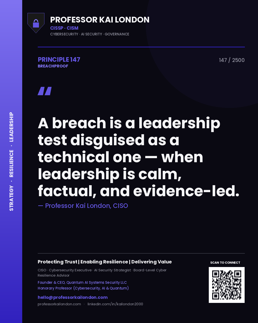 Quote card by Professor Kai London reading 'A breach is a leadership test disguised as a technical one — when leadership is calm, factual, and evidence-led.'. From the book Breachproof.