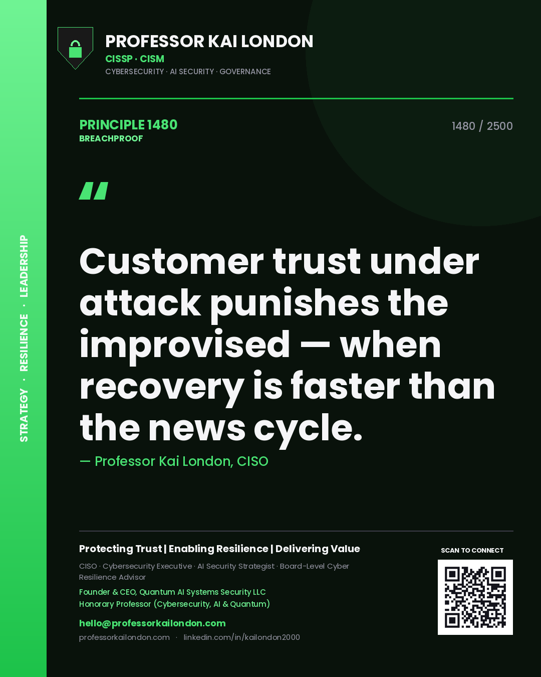 Quote card by Professor Kai London reading 'Customer trust under attack punishes the improvised — when recovery is faster than the news cycle.'. From the book Breachproof.