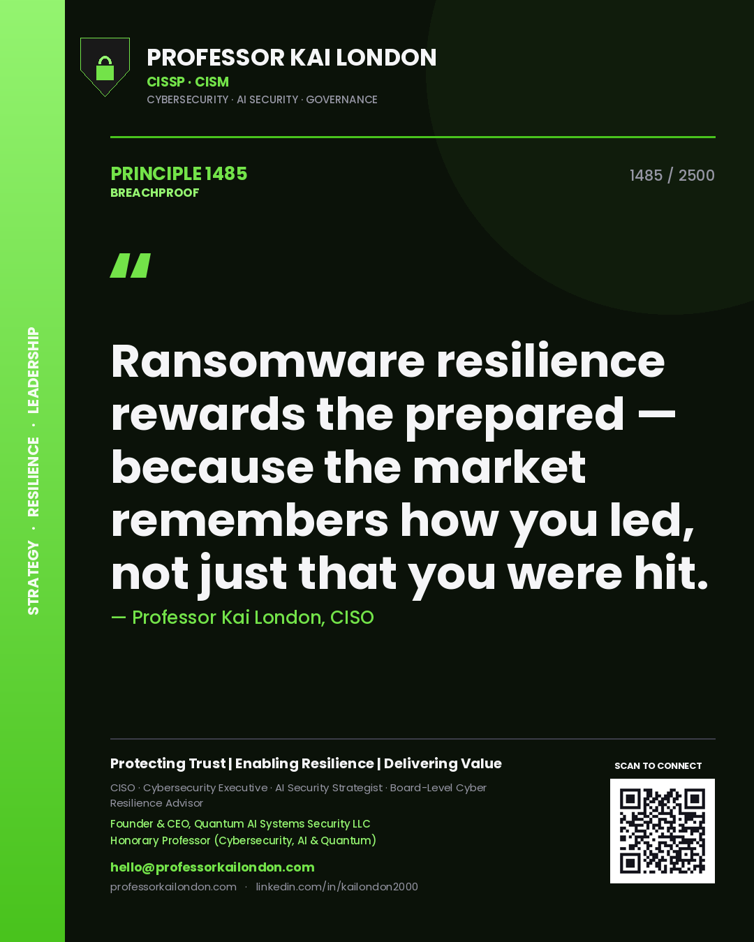 Quote card by Professor Kai London reading 'Ransomware resilience rewards the prepared — because the market remembers how you led, not just that you were hit.'. From the book Breachproof.