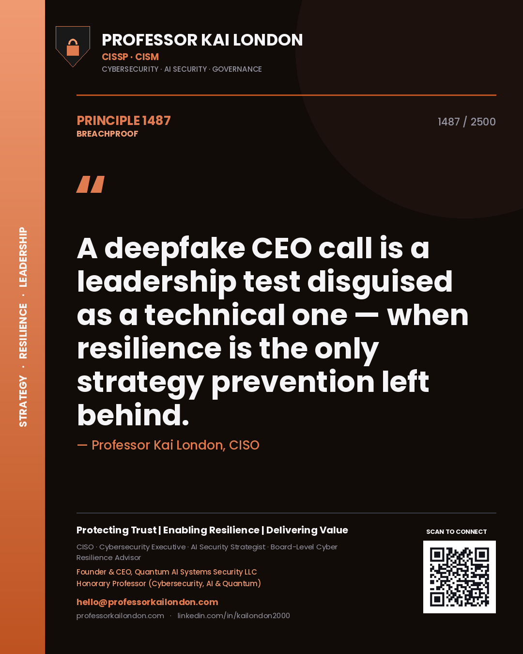 Quote card by Professor Kai London reading 'A deepfake CEO call is a leadership test disguised as a technical one — when resilience is the only strategy prevention left behind.'. From the book Breachproof.