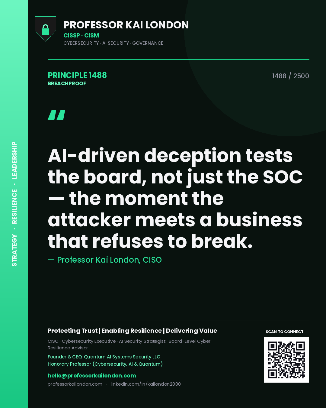 Quote card by Professor Kai London reading 'AI-driven deception tests the board, not just the SOC — the moment the attacker meets a business that refuses to break.'. From the book Breachproof.