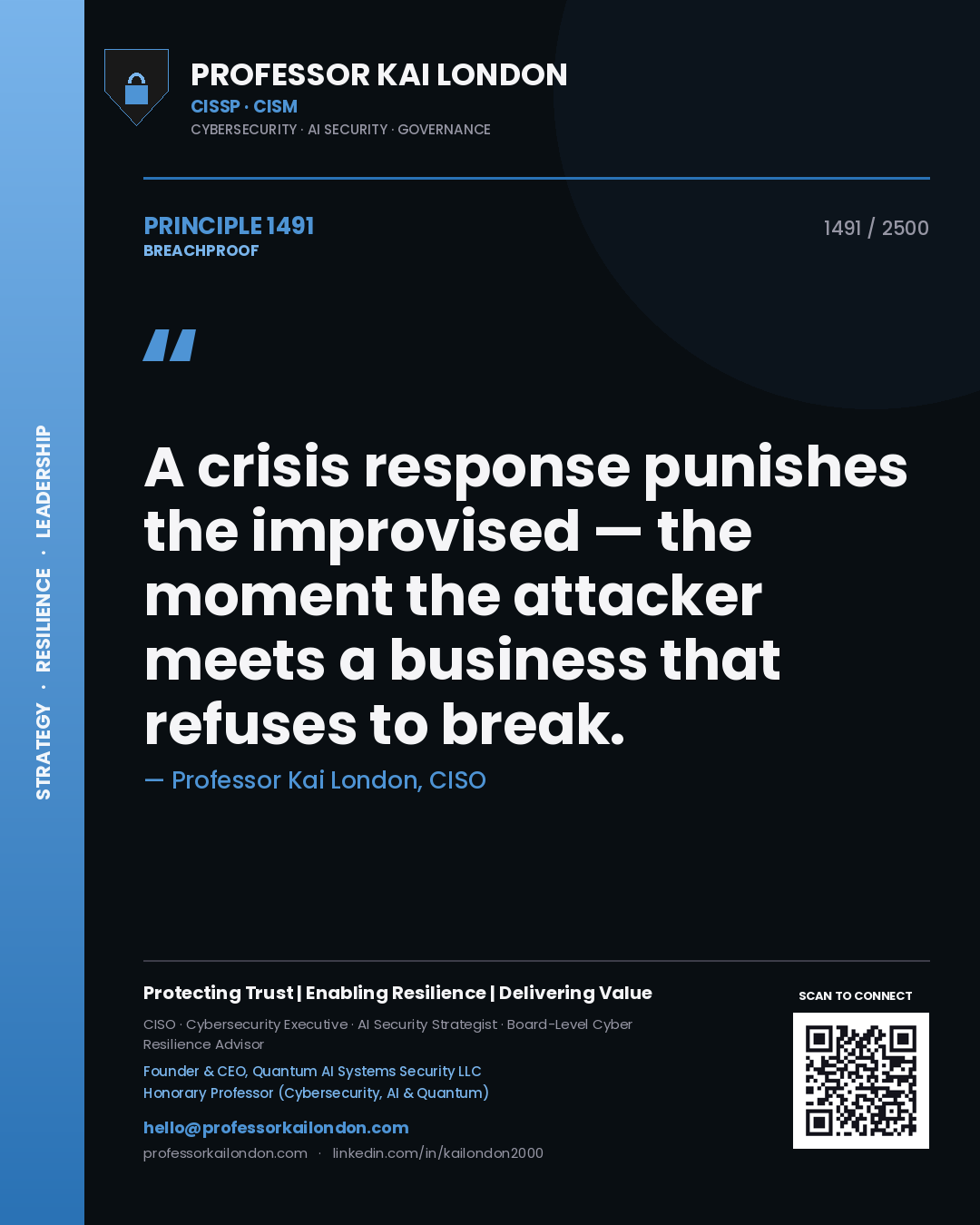 Quote card by Professor Kai London reading 'A crisis response punishes the improvised — the moment the attacker meets a business that refuses to break.'. From the book Breachproof.