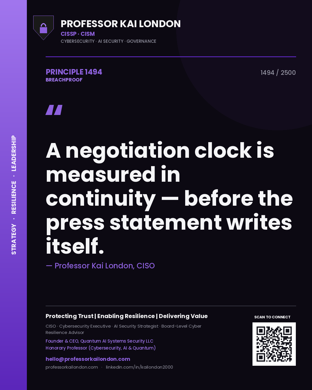 Quote card by Professor Kai London reading 'A negotiation clock is measured in continuity — before the press statement writes itself.'. From the book Breachproof.