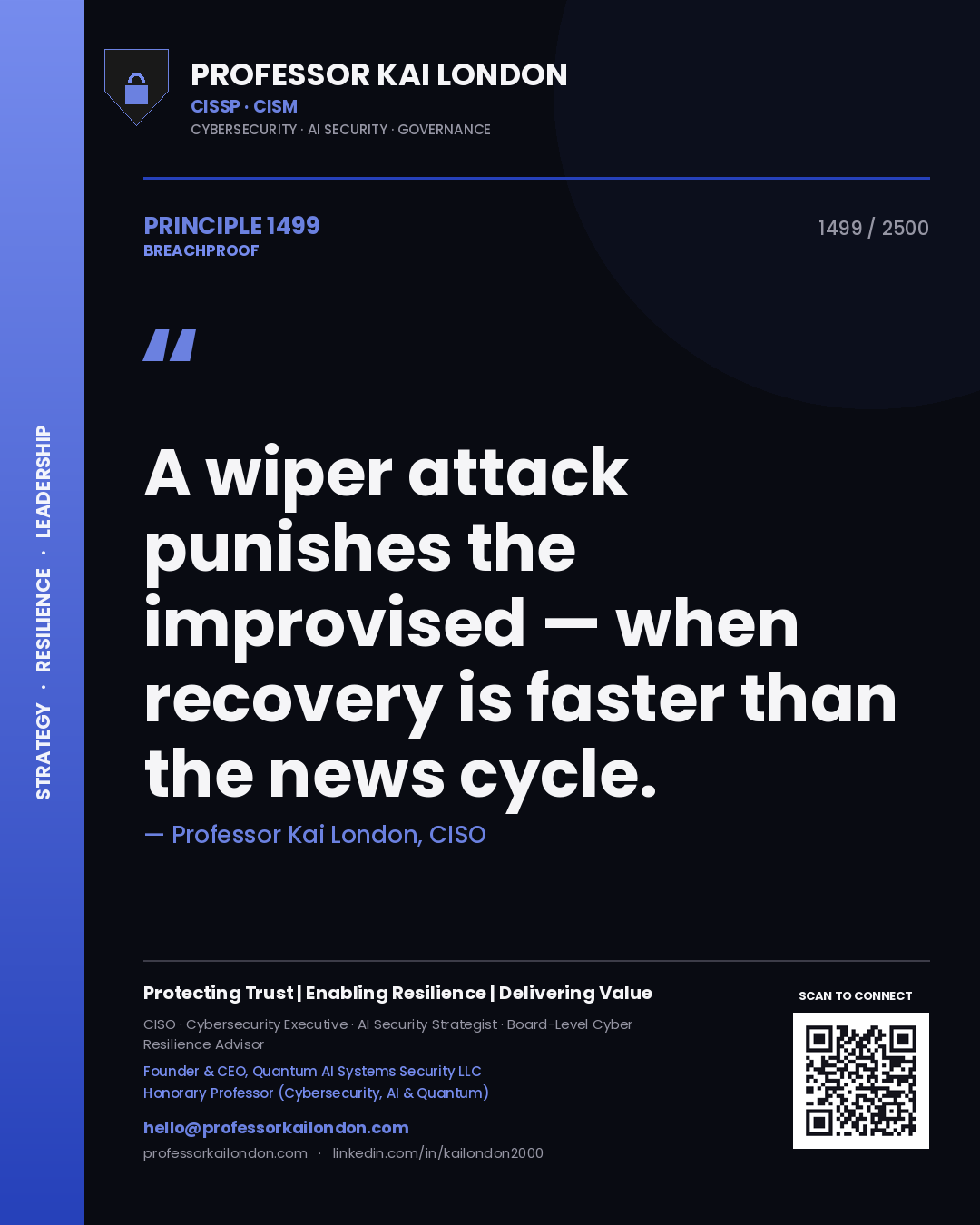 Quote card by Professor Kai London reading 'A wiper attack punishes the improvised — when recovery is faster than the news cycle.'. From the book Breachproof.