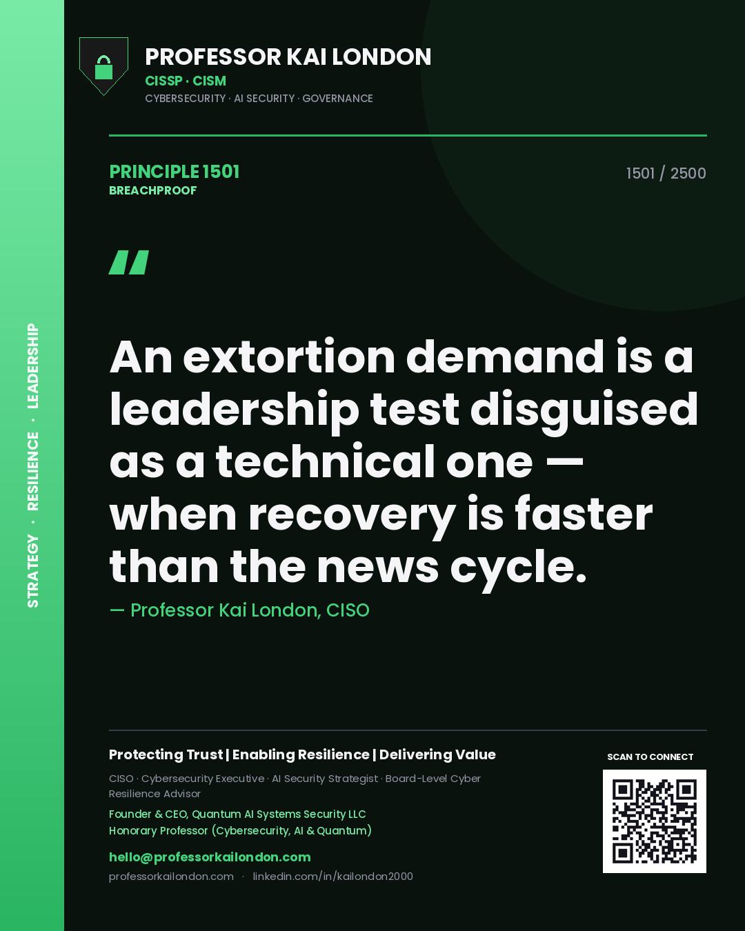 Quote card by Professor Kai London reading 'An extortion demand is a leadership test disguised as a technical one — when recovery is faster than the news cycle.'. From the book Breachproof.