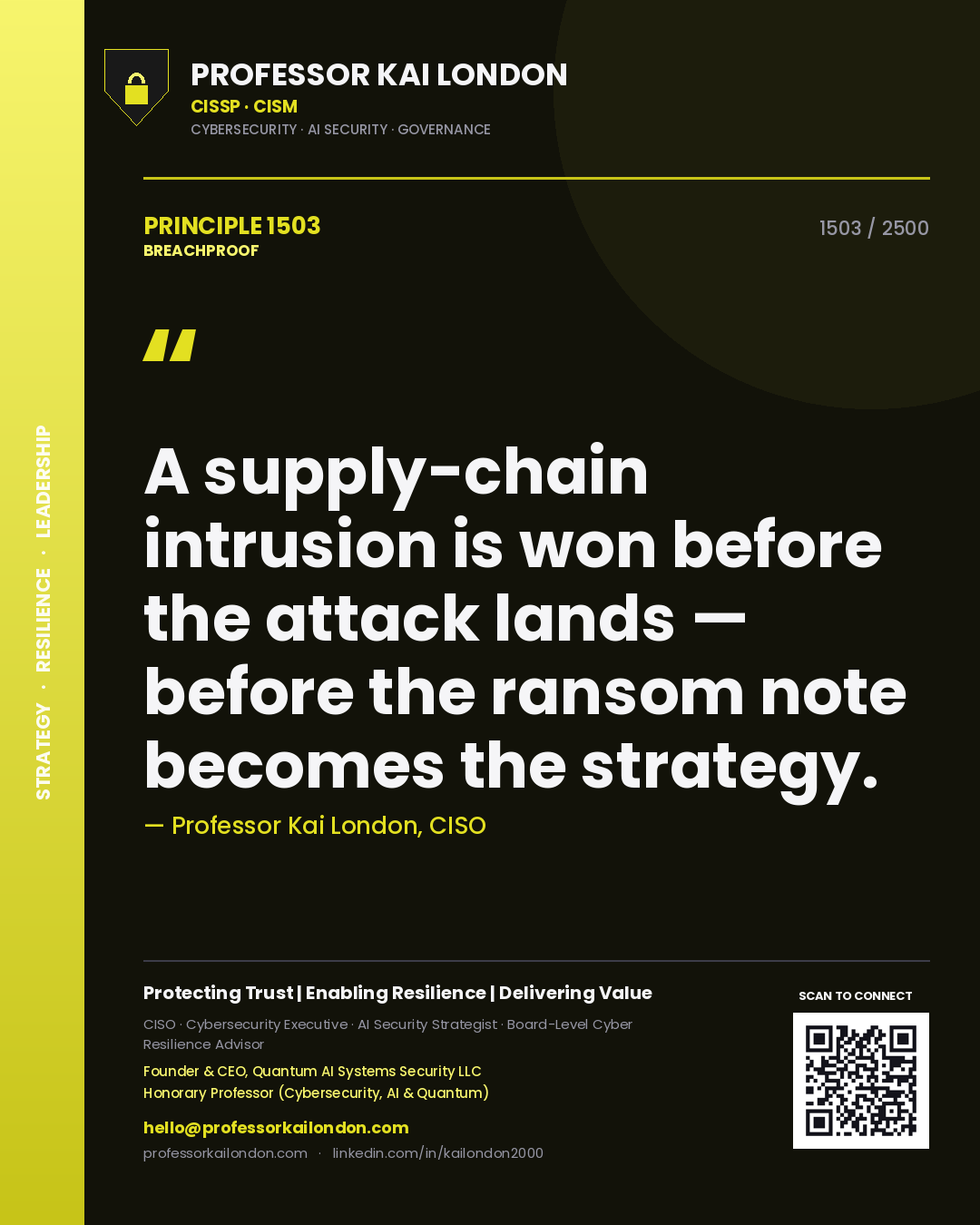 Quote card by Professor Kai London reading 'A supply-chain intrusion is won before the attack lands — before the ransom note becomes the strategy.'. From the book Breachproof.