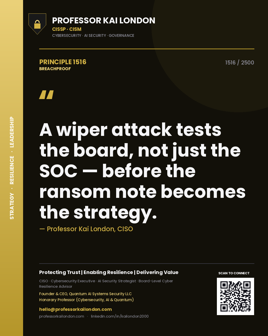 Quote card by Professor Kai London reading 'A wiper attack tests the board, not just the SOC — before the ransom note becomes the strategy.'. From the book Breachproof.