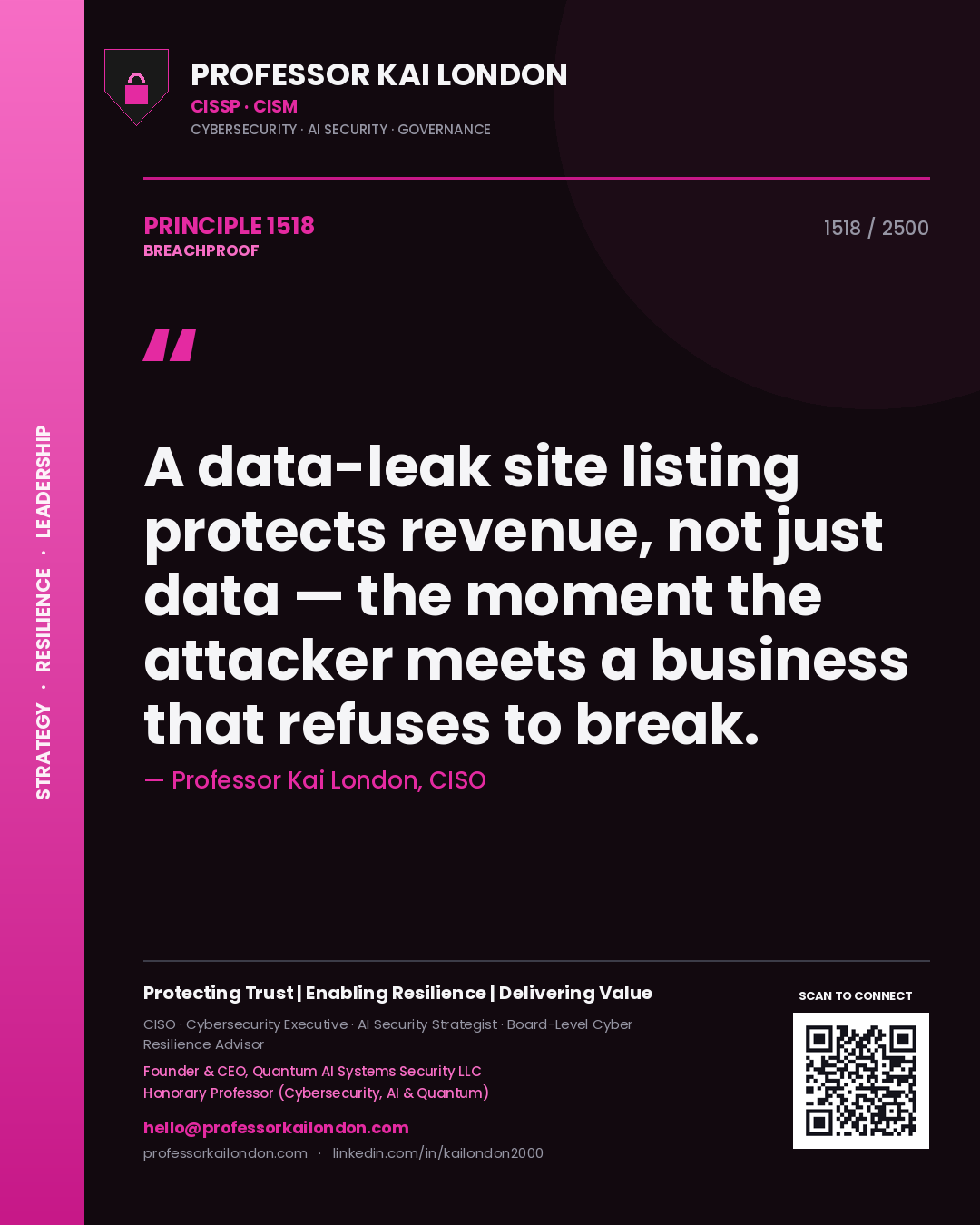 Quote card by Professor Kai London reading 'A data-leak site listing protects revenue, not just data — the moment the attacker meets a business that refuses to break.'. From the book Breachproof.