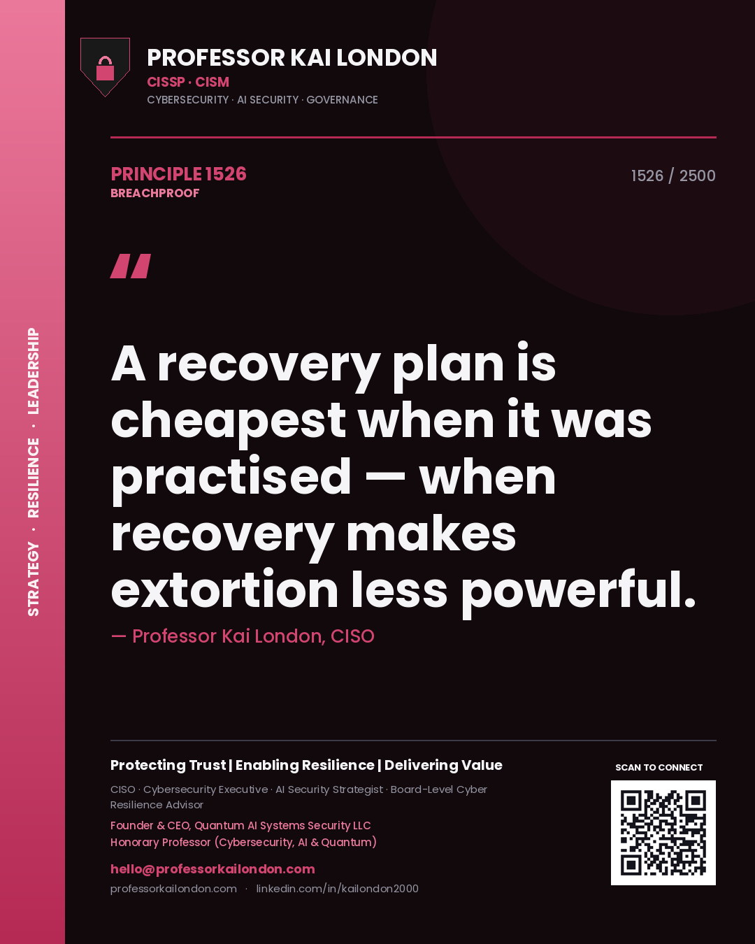 Quote card by Professor Kai London reading 'A recovery plan is cheapest when it was practised — when recovery makes extortion less powerful.'. From the book Breachproof.