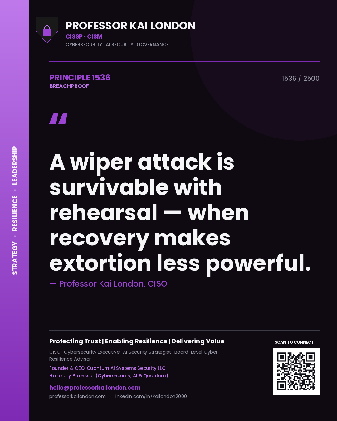 Quote card by Professor Kai London reading 'A wiper attack is survivable with rehearsal — when recovery makes extortion less powerful.'. From the book Breachproof.