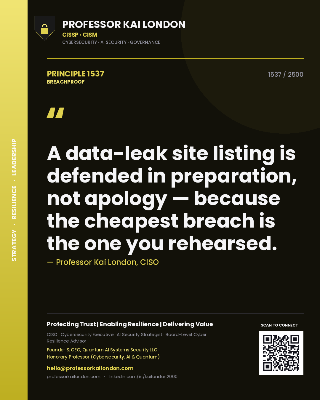 Quote card by Professor Kai London reading 'A data-leak site listing is defended in preparation, not apology — because the cheapest breach is the one you rehearsed.'. From the book Breachproof.